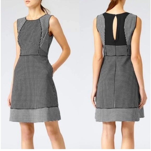 Reiss Checked Grid Pattern A Line Fit Flare Dress Black White sleeveless 4 - Picture 1 of 12